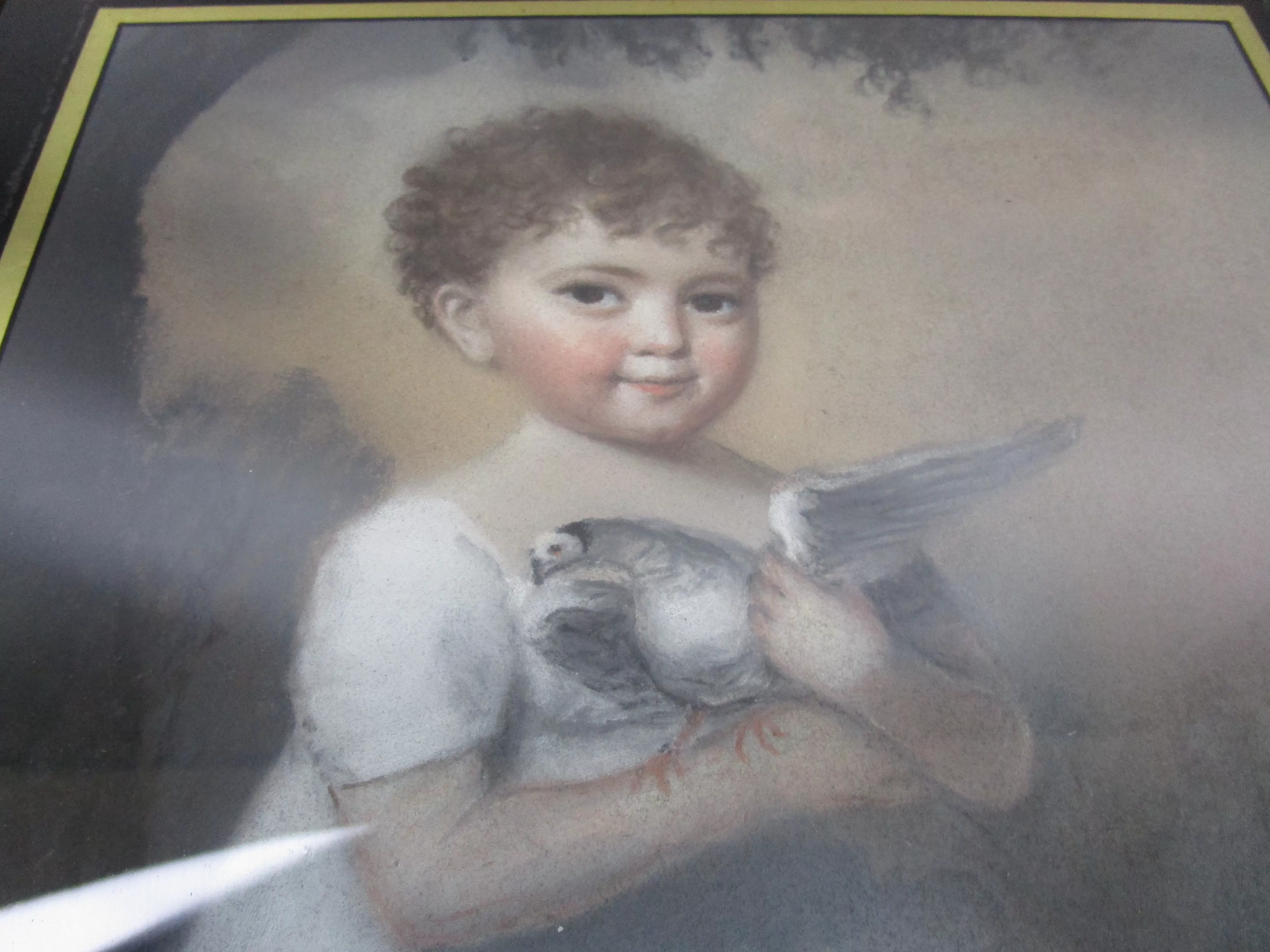 Pastel Of A Child Holding A Bird Antique Georgian c1810