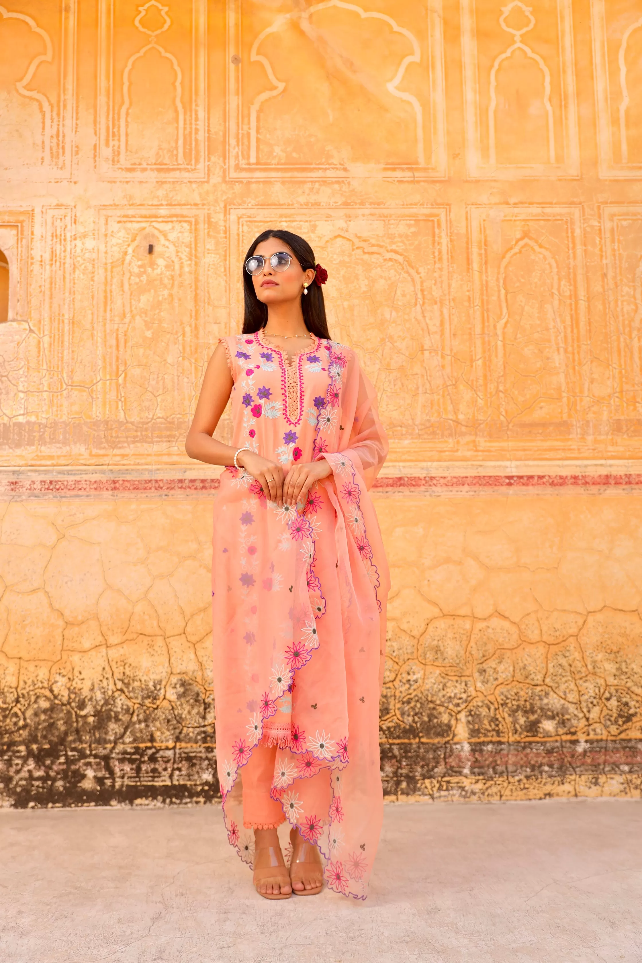 peach flower aari embroidery  cotton straight set