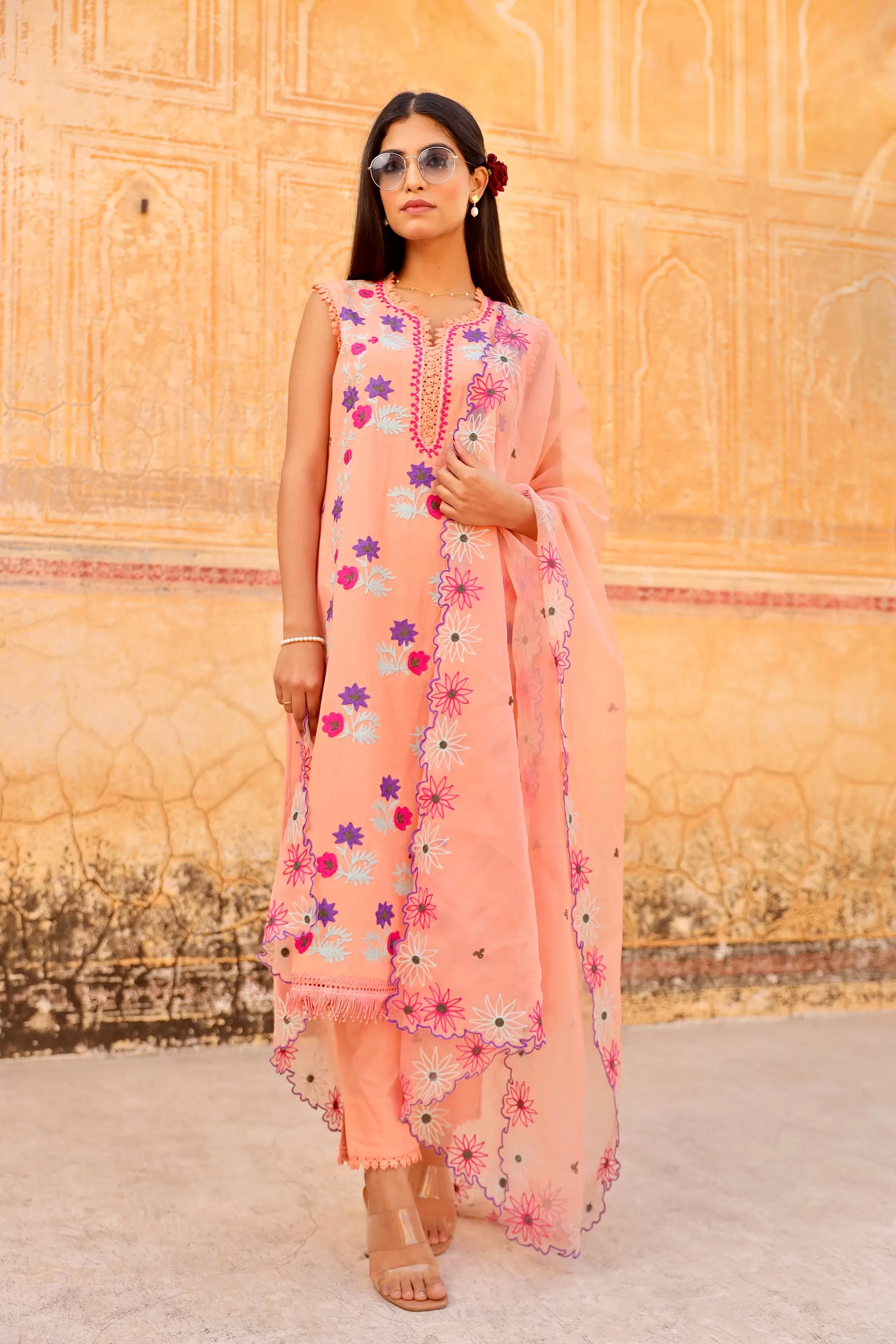 peach flower aari embroidery  cotton straight set