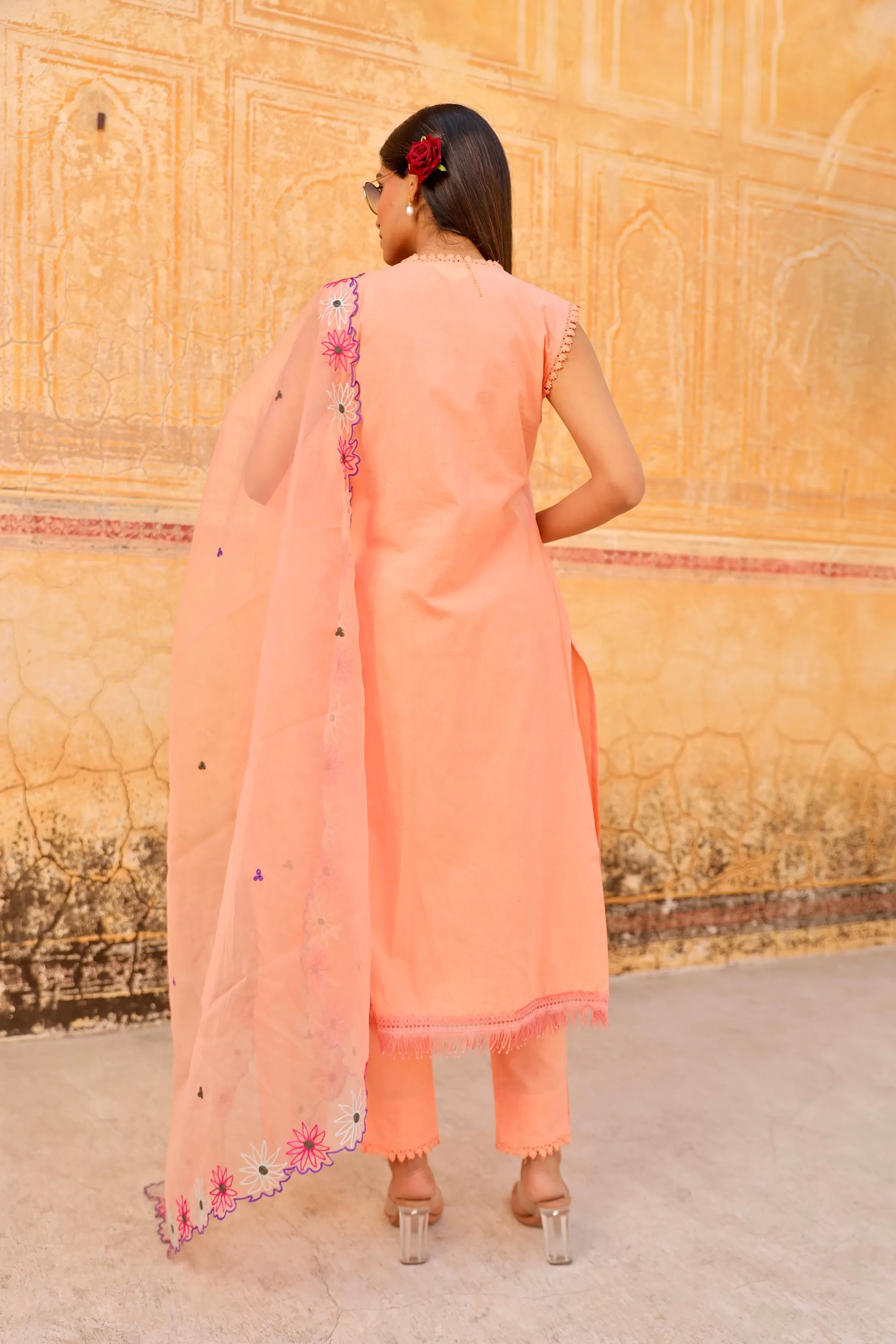 peach flower aari embroidery  cotton straight set