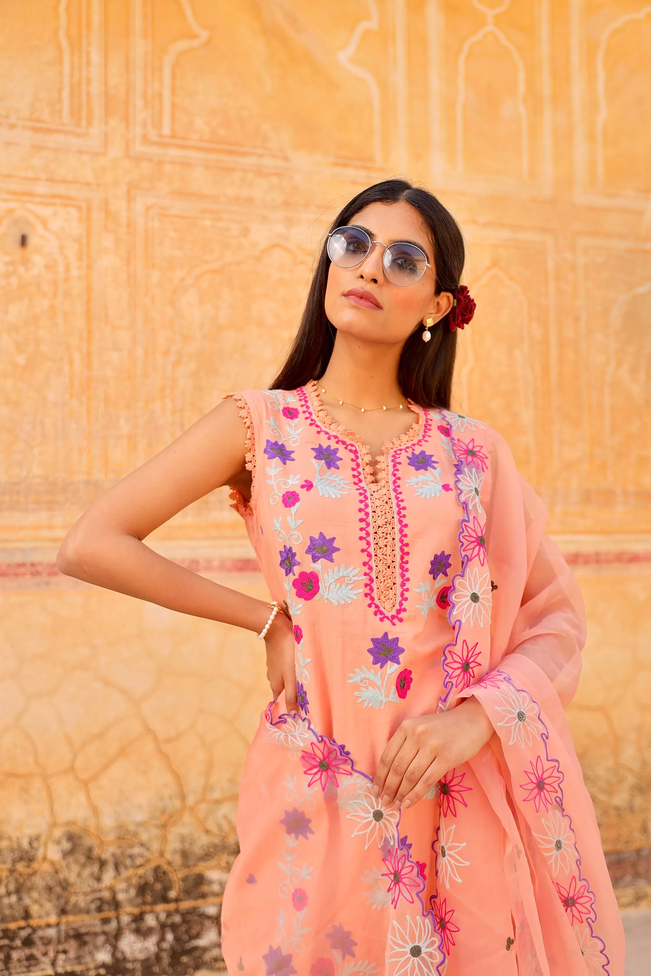 peach flower aari embroidery  cotton straight set