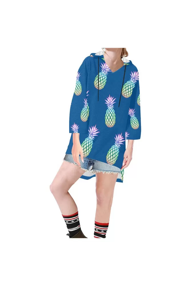 Pineapple Fiesta Blue Step Hem Tunic Hoodie for Women (Model H25)