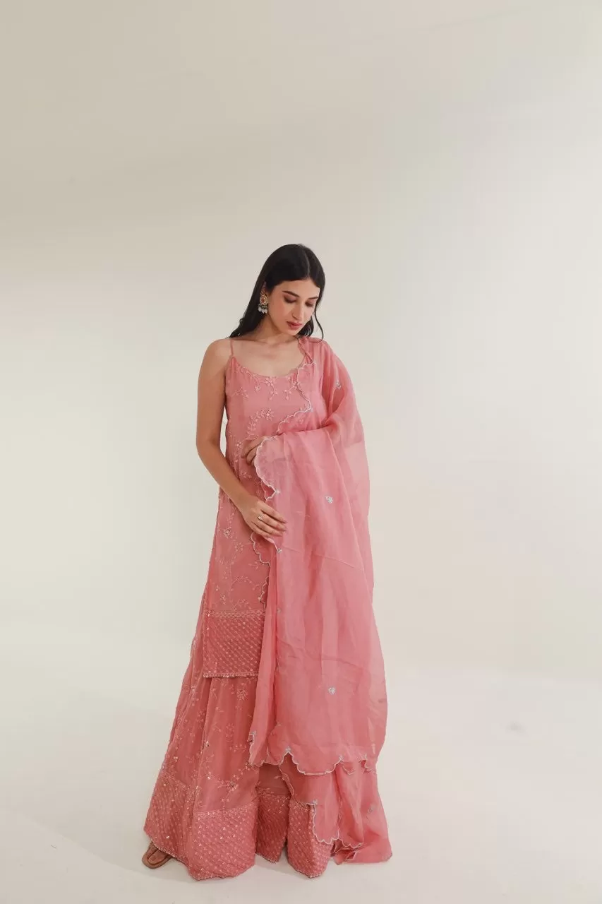 Pink  mirror work chikankari georgette sharara set