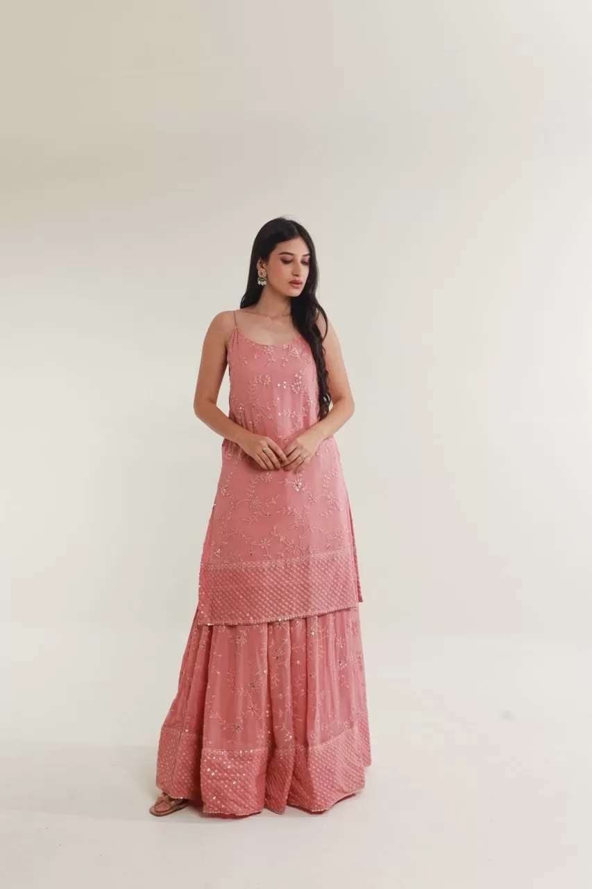 Pink  mirror work chikankari georgette sharara set