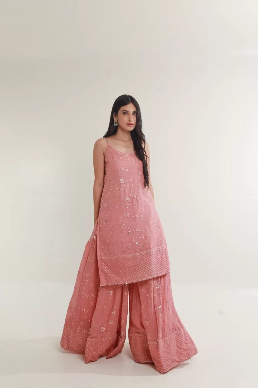 Pink  mirror work chikankari georgette sharara set