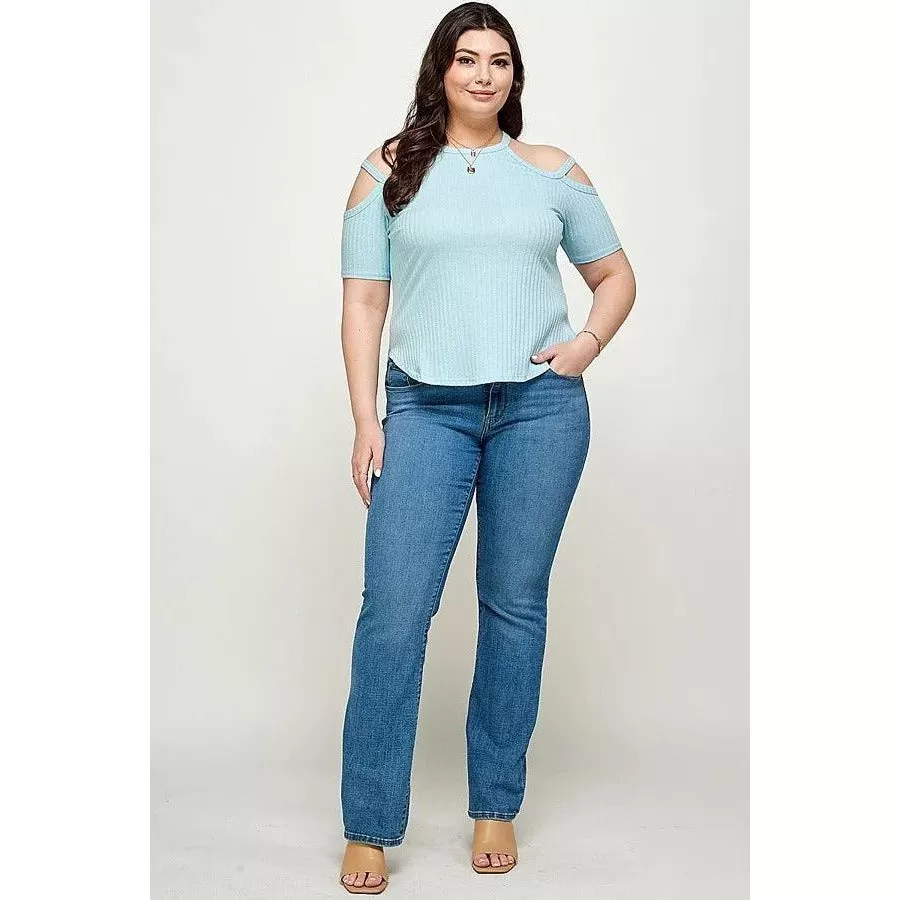 Plus Size, Solid Ribbed Cold Shoulder Top