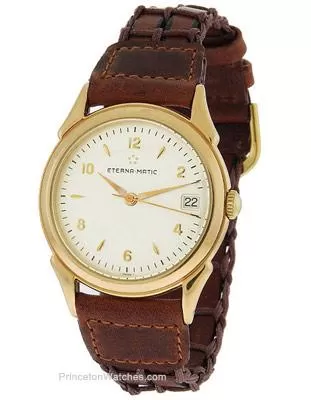 Pre-Owned Eterna-Matic Dress Watch - 18K Gold Case - White Dial - Strap - Date