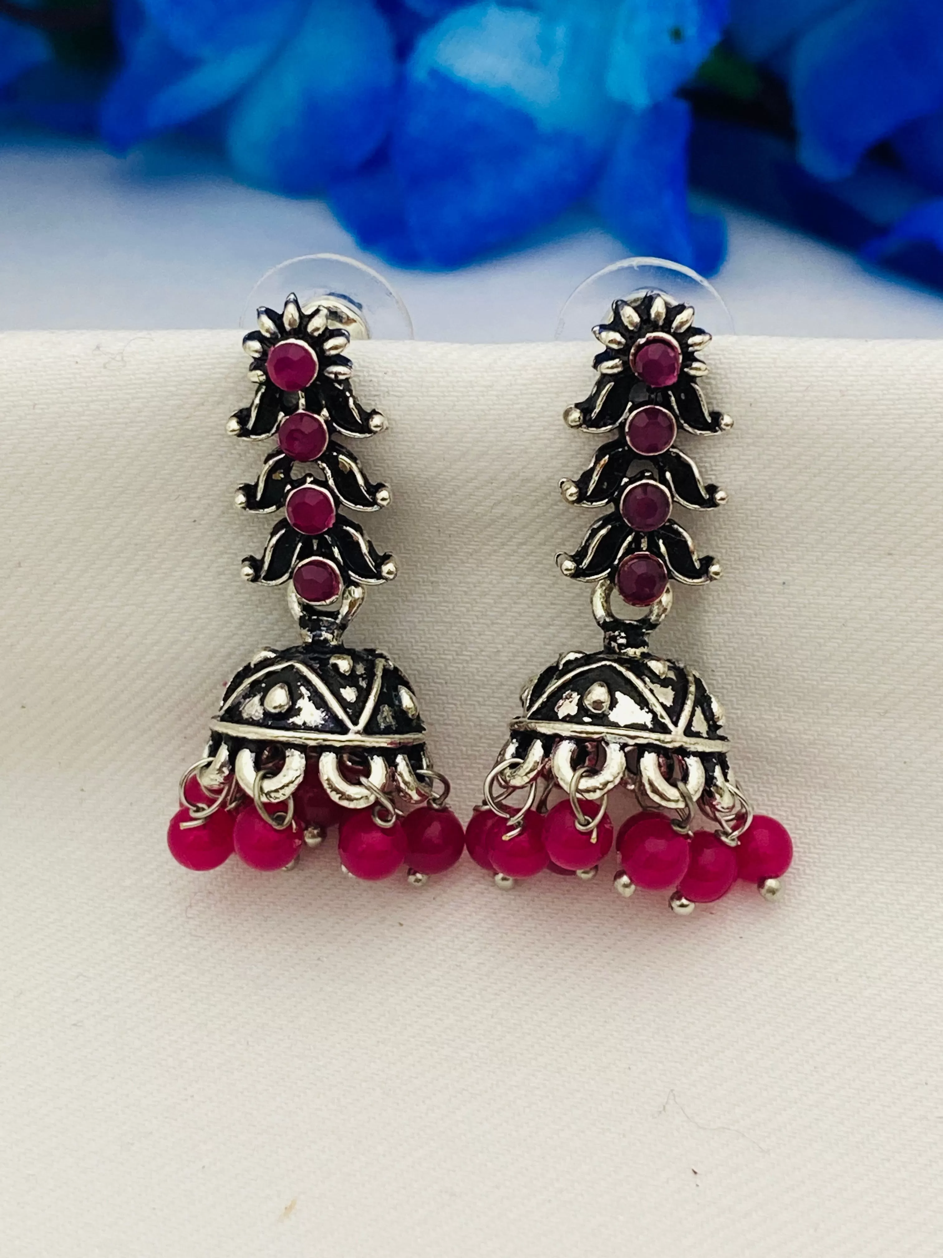 Pretty Oxidized Silver Studded Antique Pink Long Stone Earrings