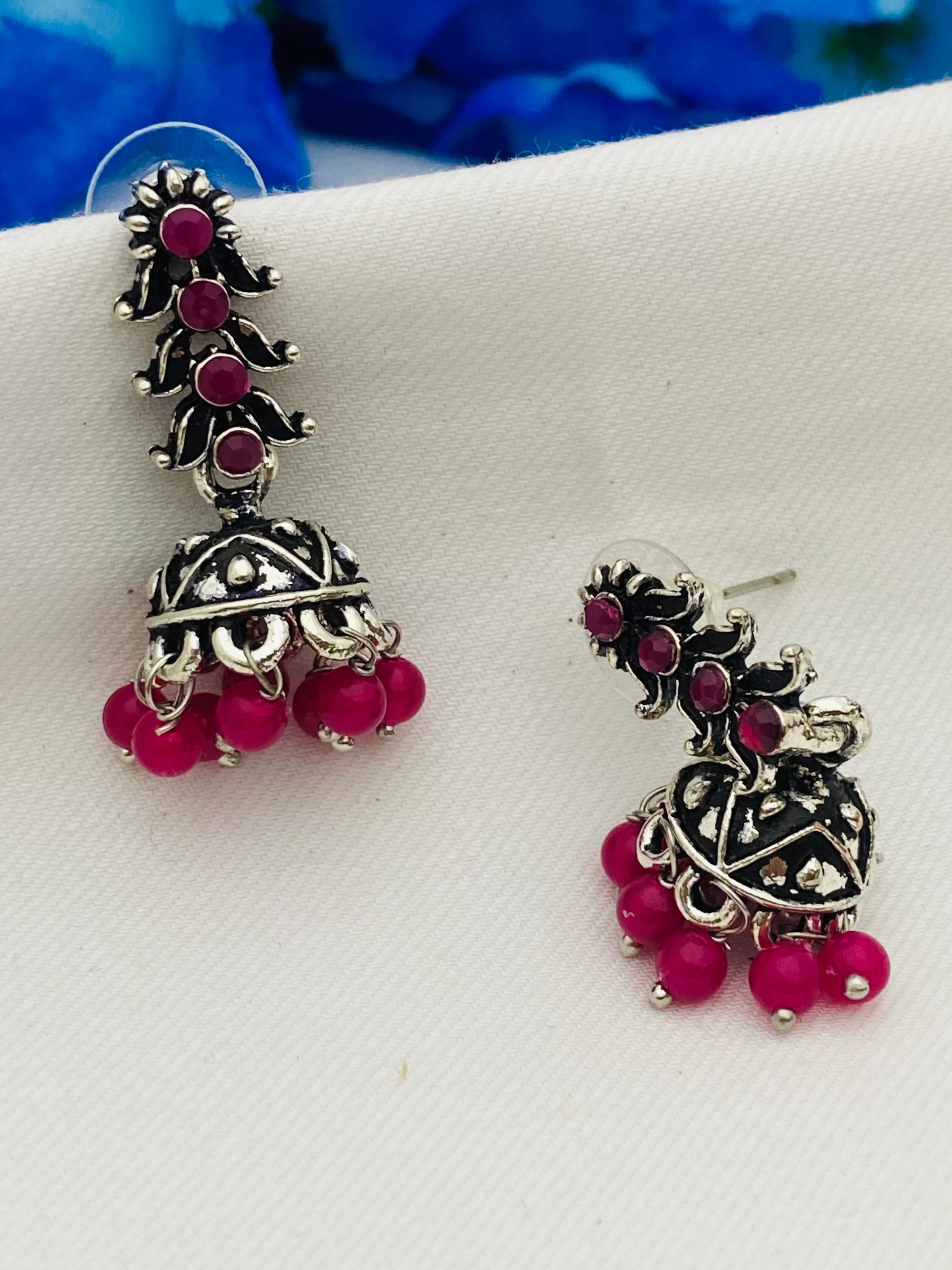 Pretty Oxidized Silver Studded Antique Pink Long Stone Earrings