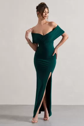 Refined | Bottle Green Twist Front Bardot Maxi Dress