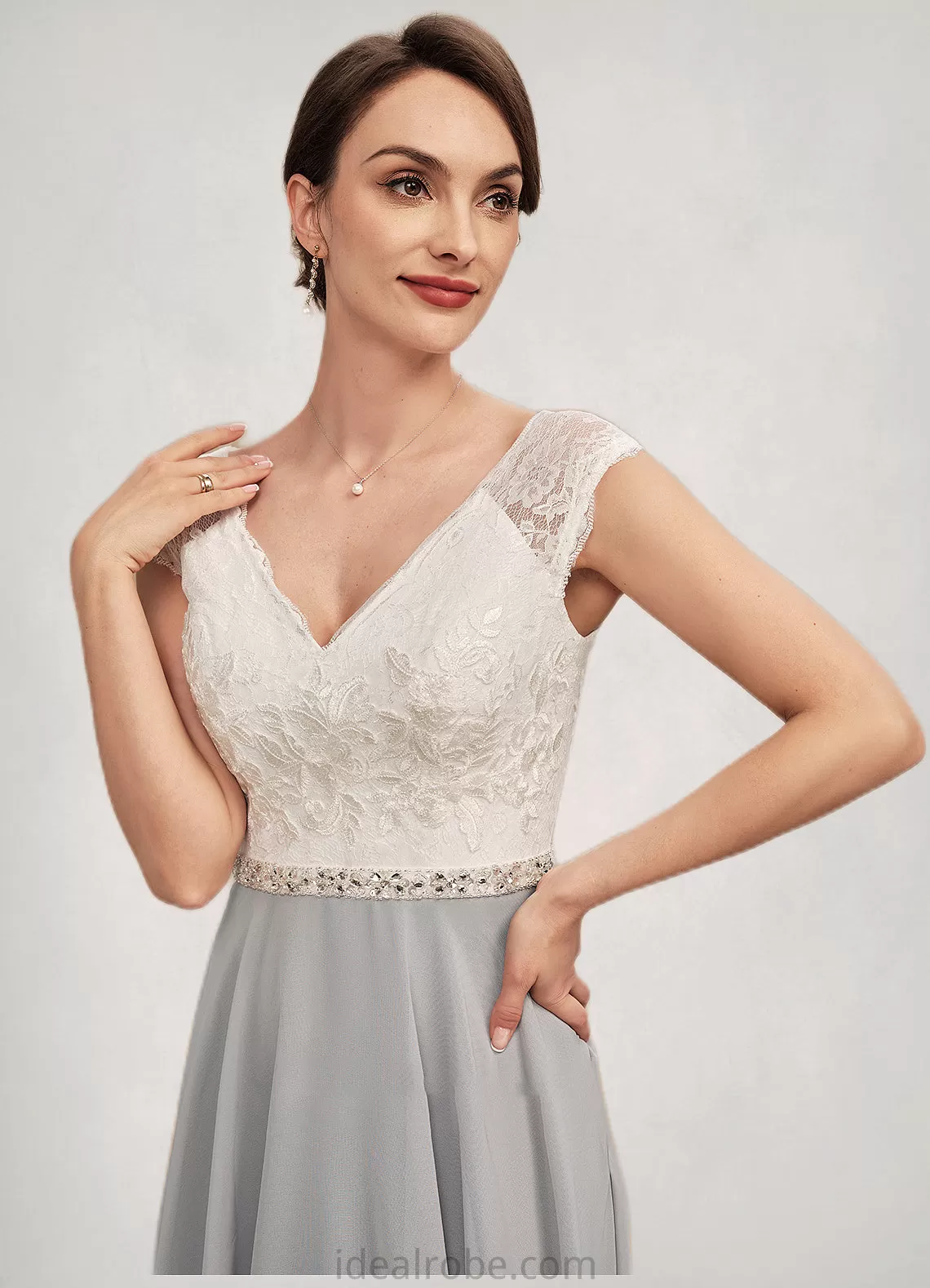 Regan A-Line V-neck Tea-Length Chiffon Lace Mother of the Bride Dress With Beading STK126P0014919