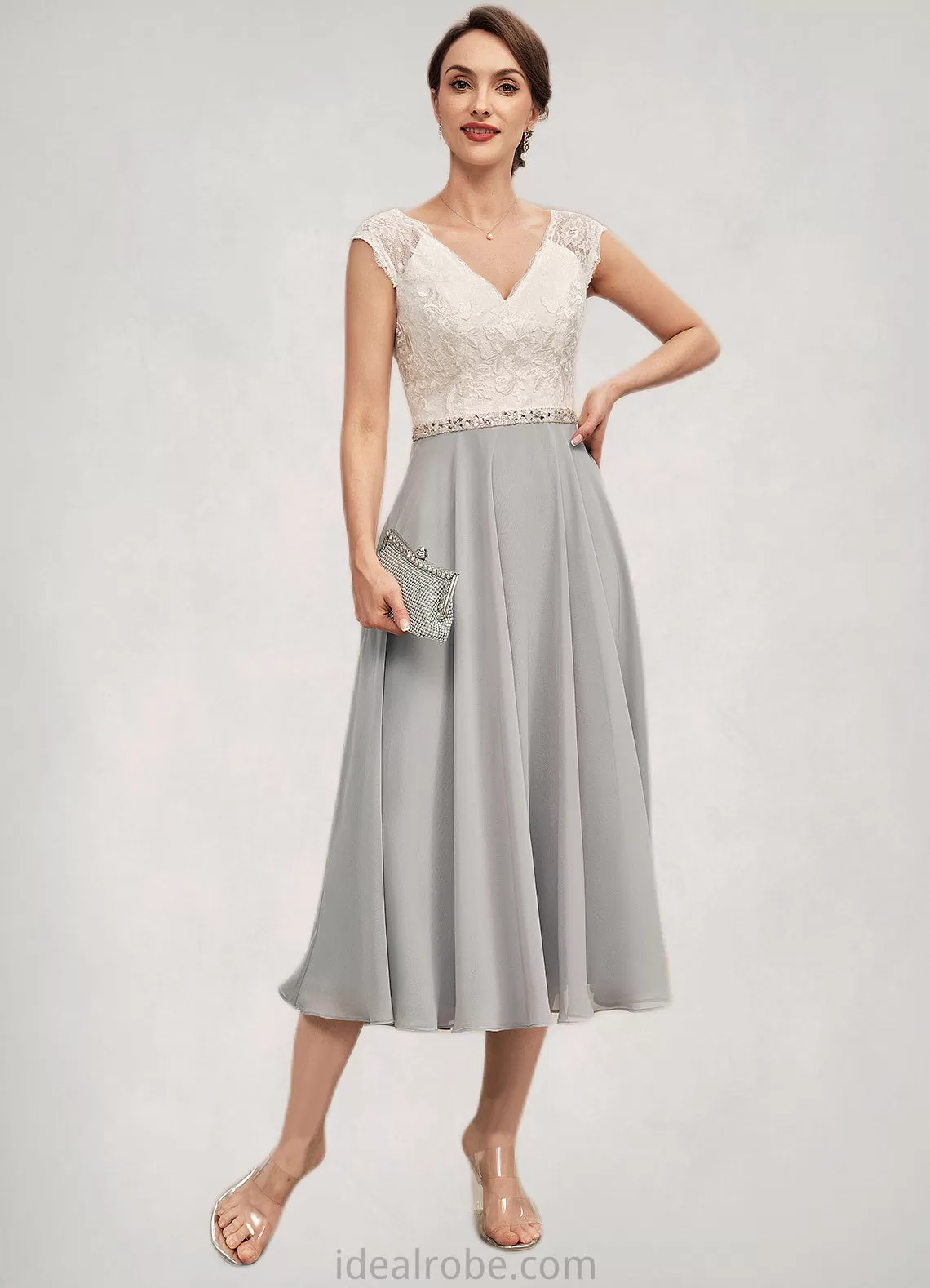 Regan A-Line V-neck Tea-Length Chiffon Lace Mother of the Bride Dress With Beading STK126P0014919