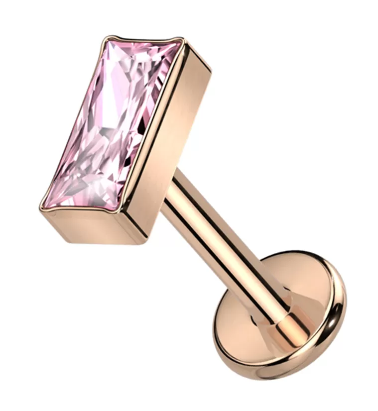 Rose Gold PVD Baguette Pink CZ Internally Threaded Titanium Labret