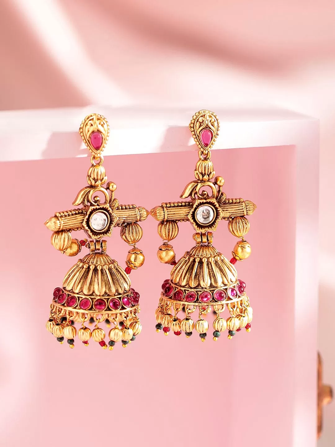 Rubans Traditional Gold Jhumkas With Pink and Green Beads