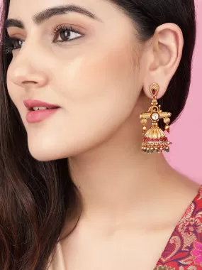 Rubans Traditional Gold Jhumkas With Pink and Green Beads