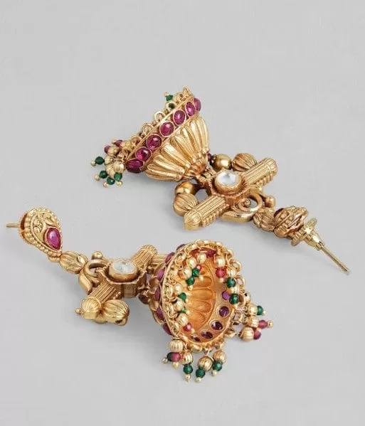 Rubans Traditional Gold Jhumkas With Pink and Green Beads