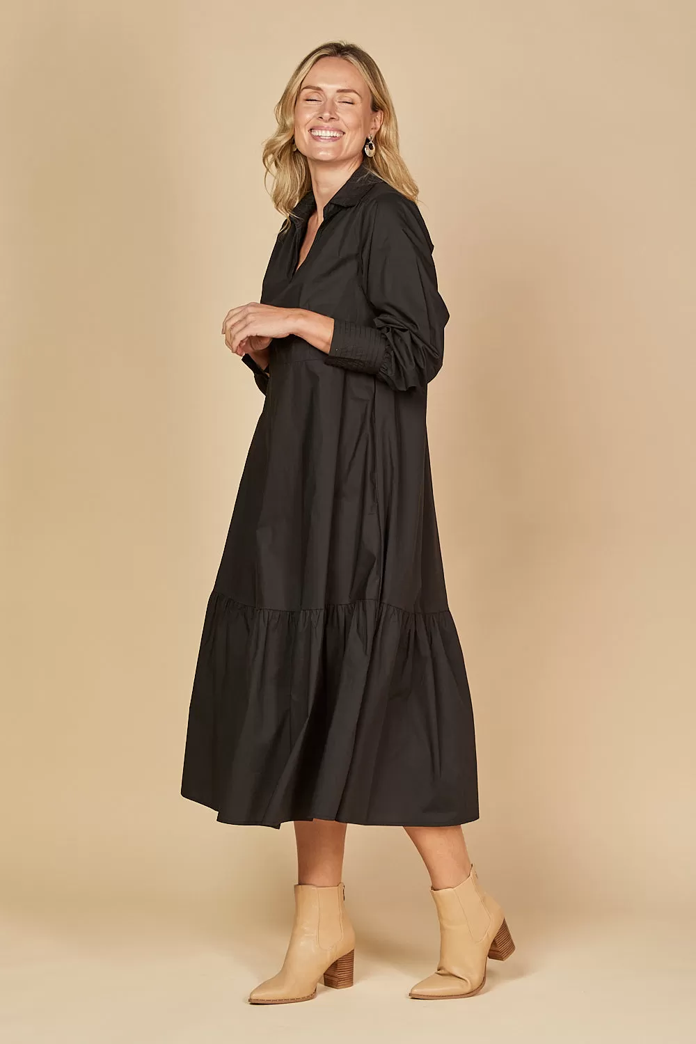 Sabre V-Neck Poplin Dress in Black