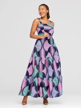 Safari Anga Strappy Tie Back Maxi Dress - Pink / Green Ankara Print