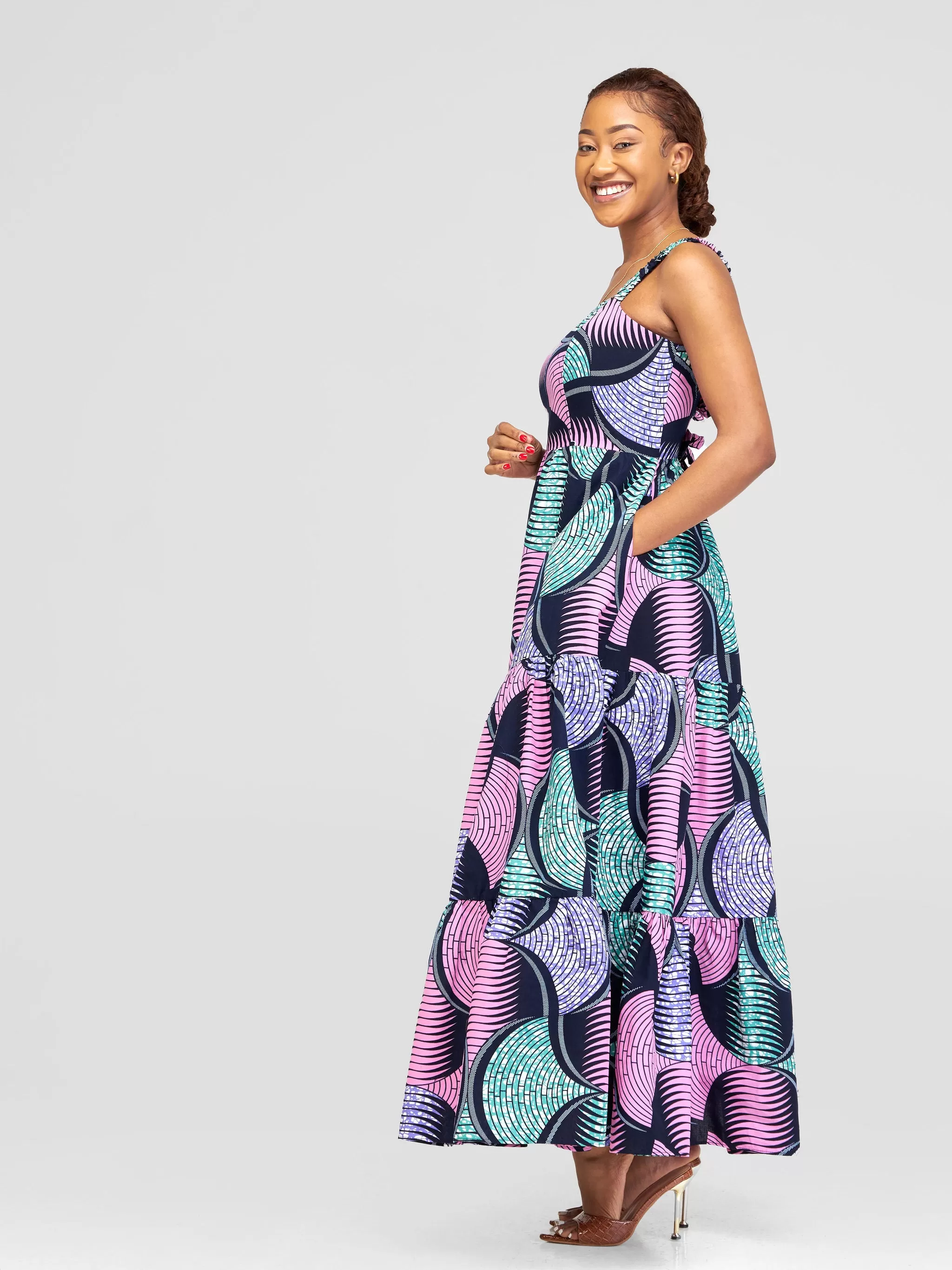 Safari Anga Strappy Tie Back Maxi Dress - Pink / Green Ankara Print