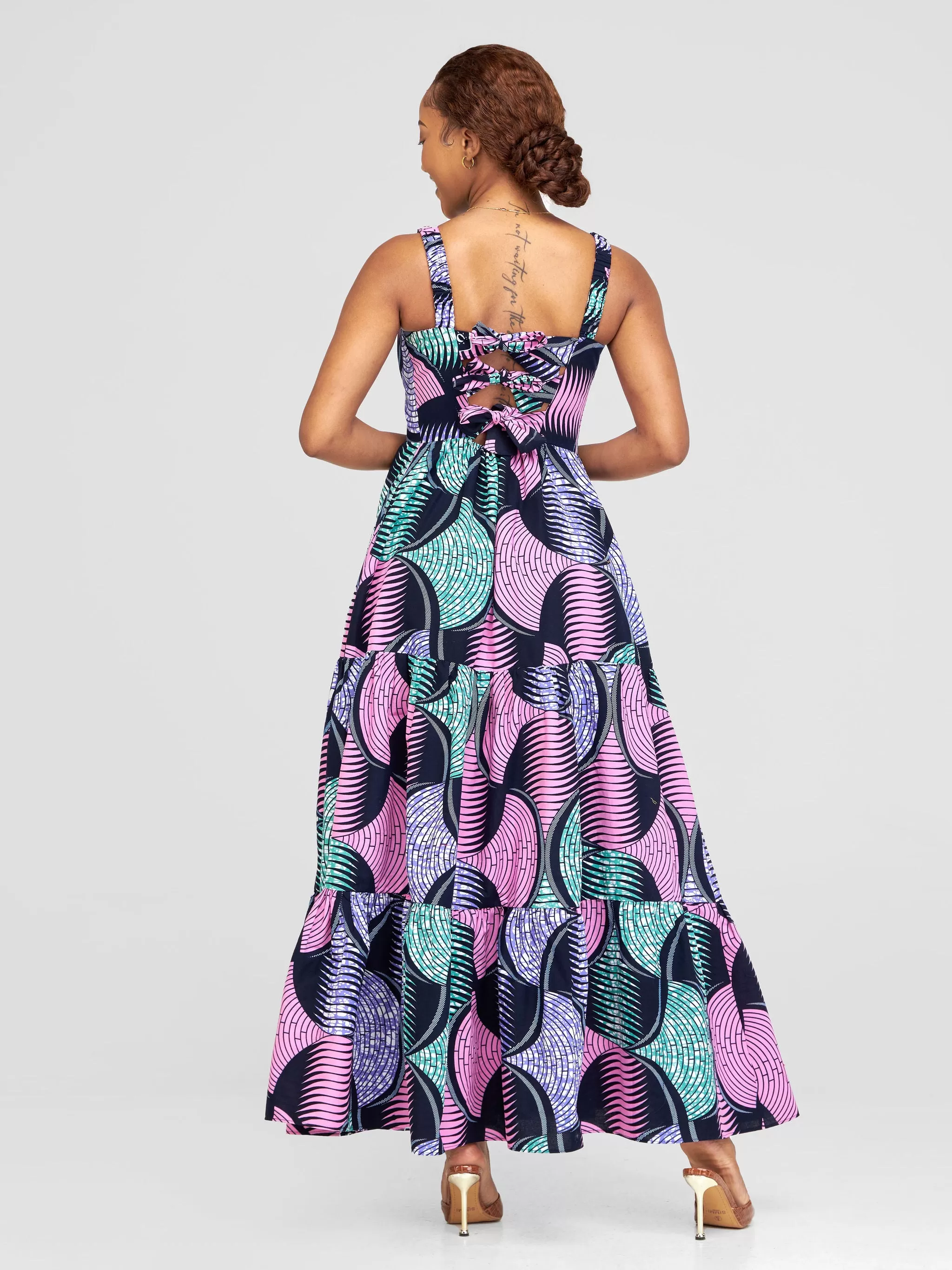 Safari Anga Strappy Tie Back Maxi Dress - Pink / Green Ankara Print