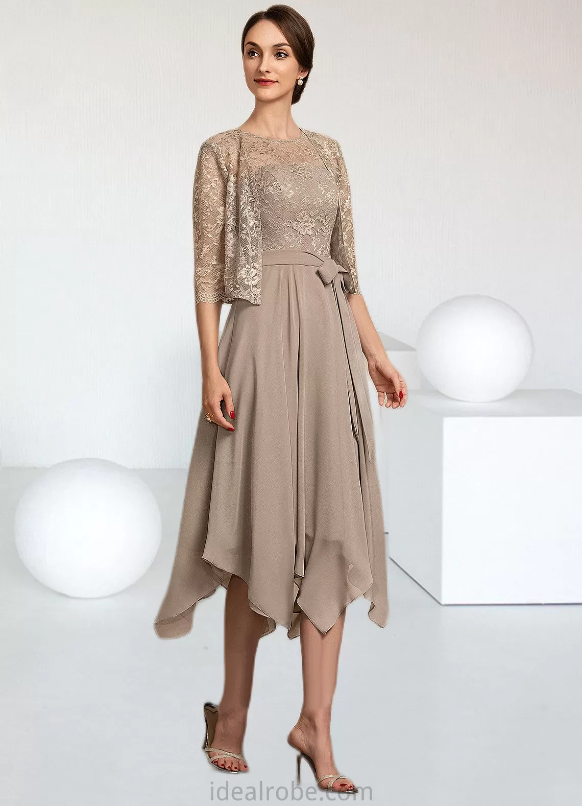 Sherlyn A-Line Scoop Neck Tea-Length Chiffon Lace Mother of the Bride Dress With Bow(s) STK126P0014681