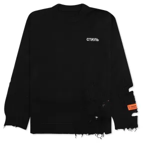 Shredded Knit Crewneck - Black/White