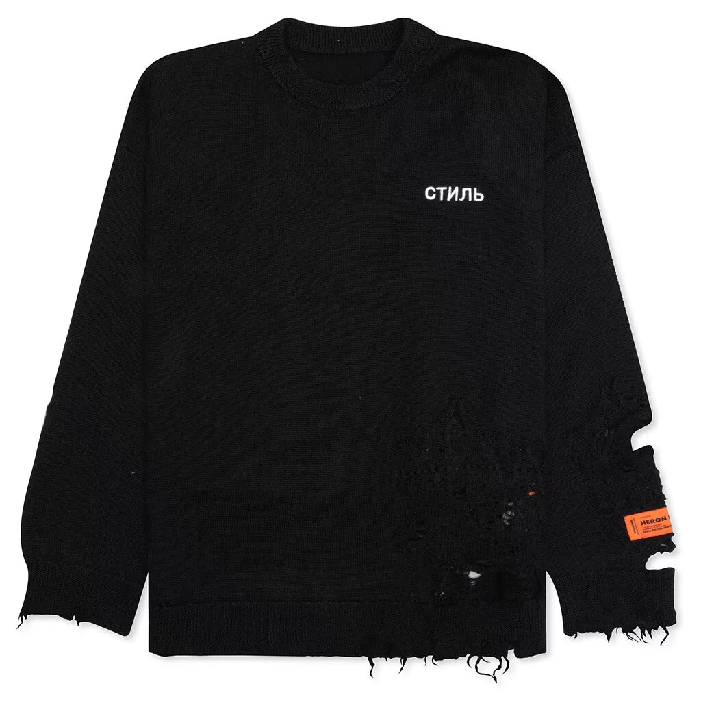 Shredded Knit Crewneck - Black/White