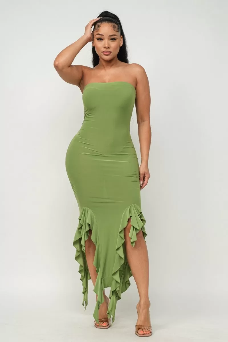 Solid Bottom Ruffle Trim Hem Slit Tube Maxi Dress