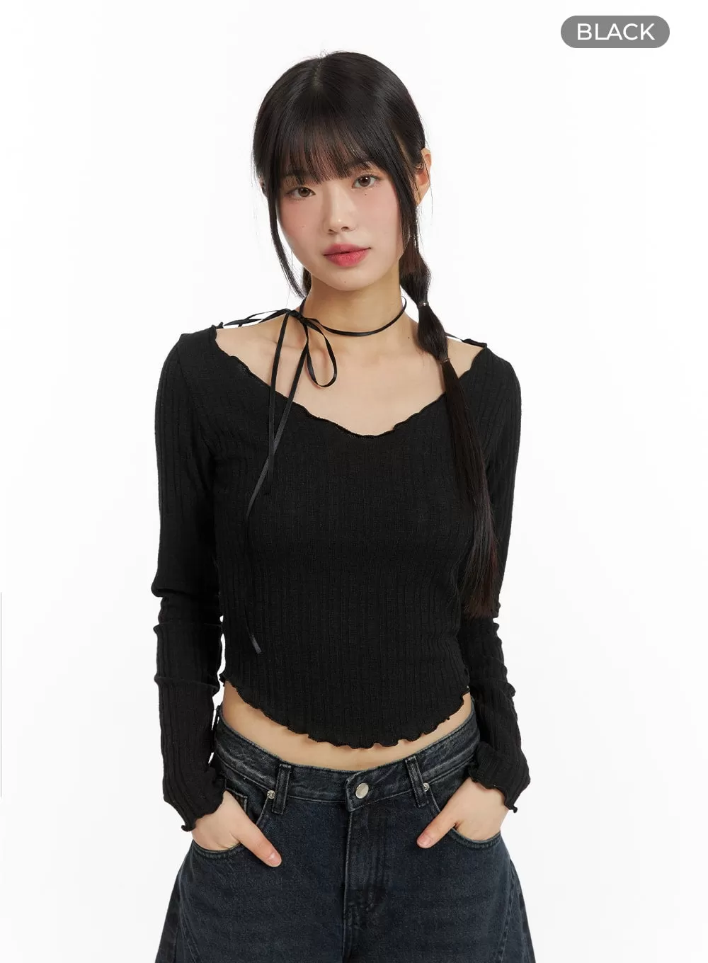 Solid Long Sleeve V-Neck Crop Top CF420