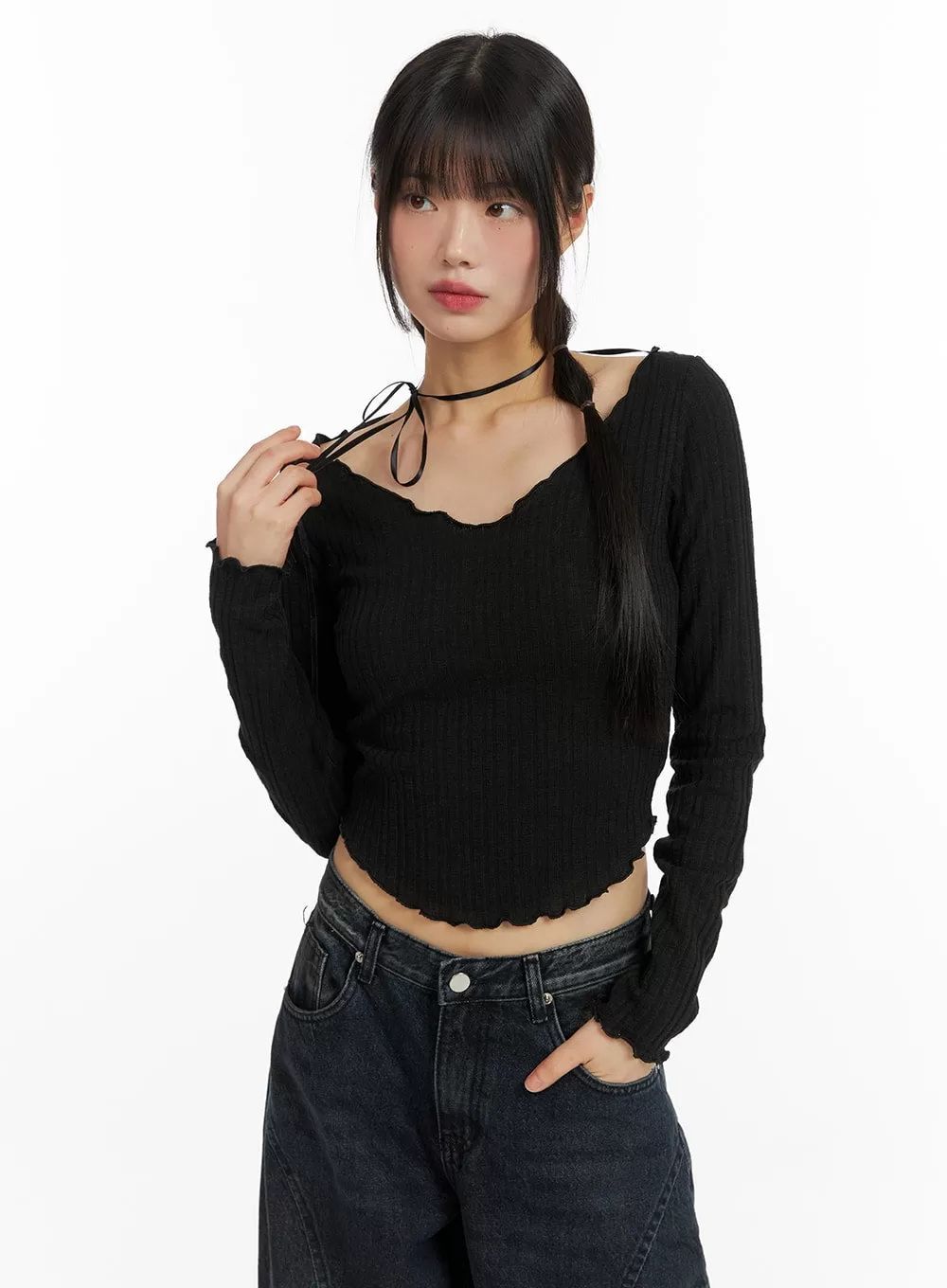 Solid Long Sleeve V-Neck Crop Top CF420