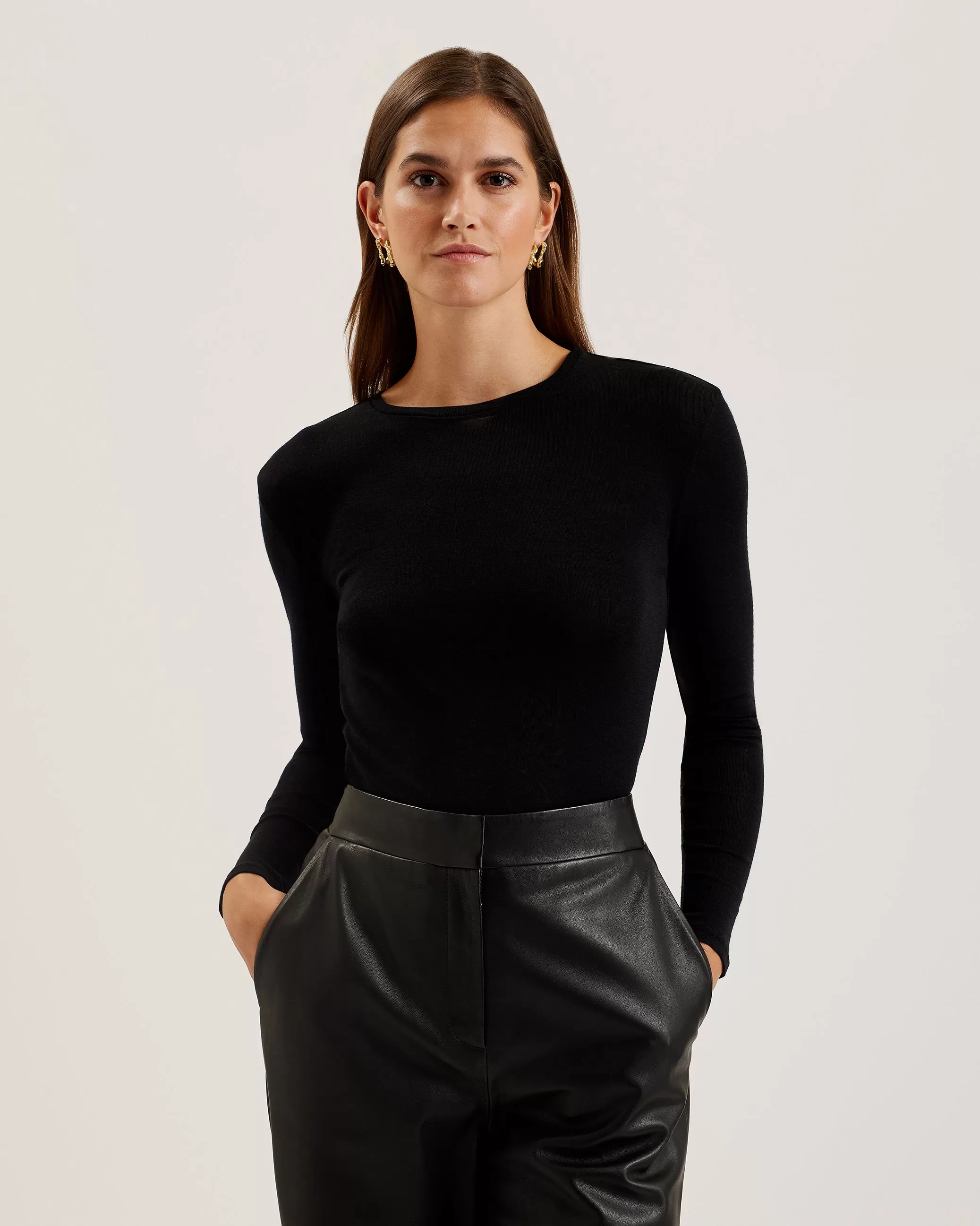 Stephni Crew Neck Wool Jersey Long Sleeve Top Black