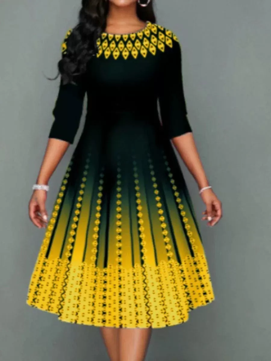 Stylish Plus Size Geometric Print Midi Dress for Winter Parties