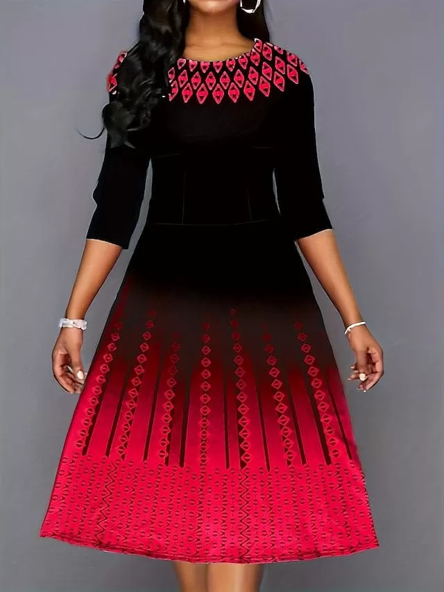 Stylish Plus Size Geometric Print Midi Dress for Winter Parties