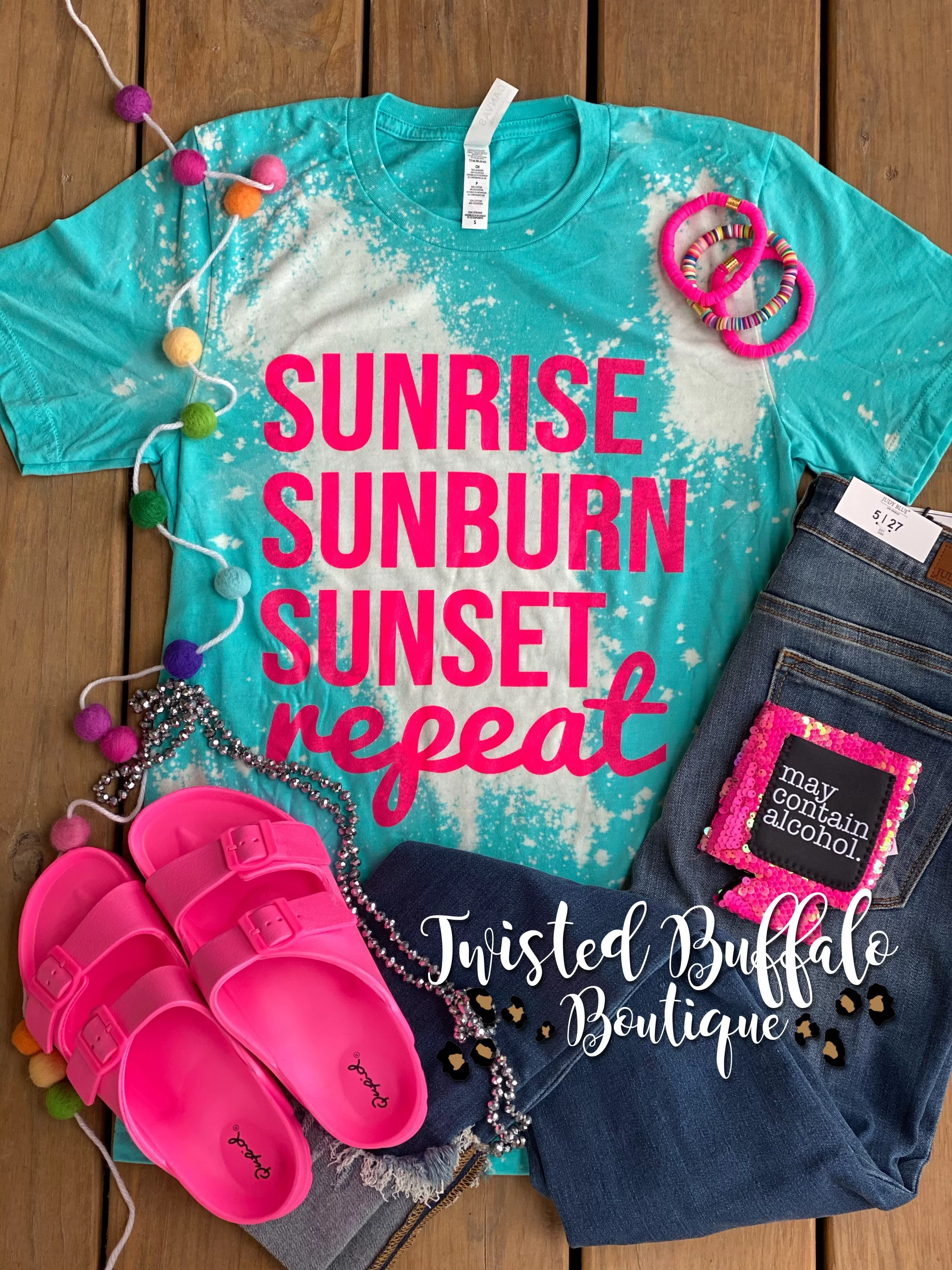 {SUNRISE SUNBURN SUNSET REPEAT} Distressed Heather Sea Green Crew Neck Tee