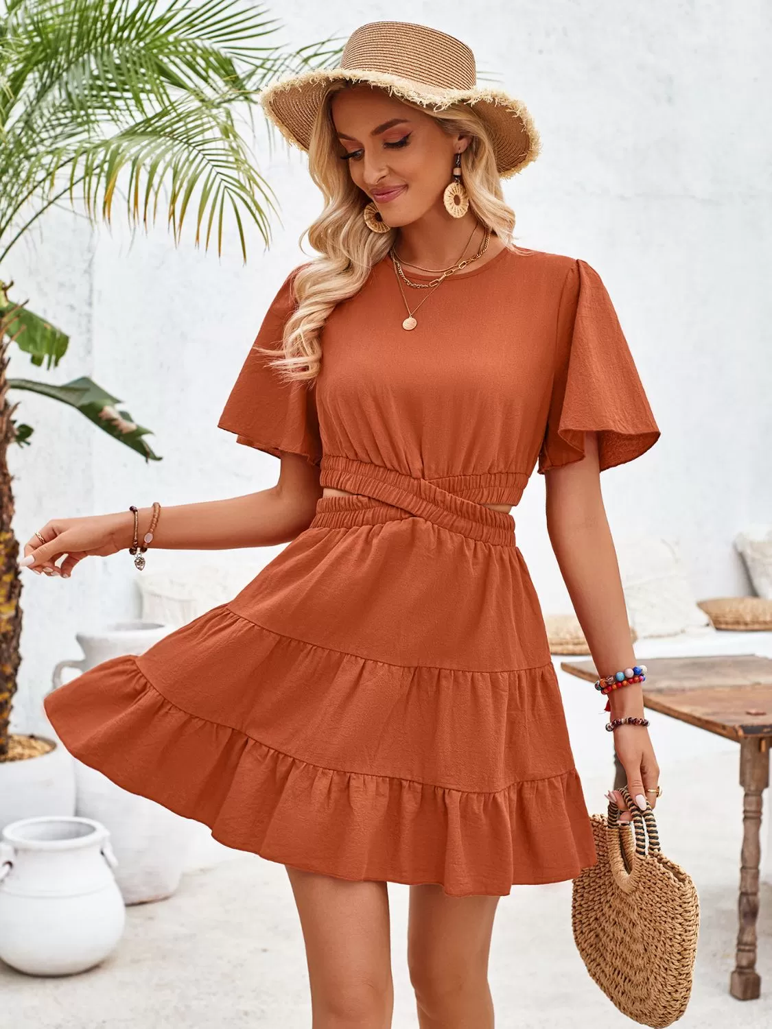 Sunset Vacation Crisscross Round Neck Flutter Sleeve Mini Dress