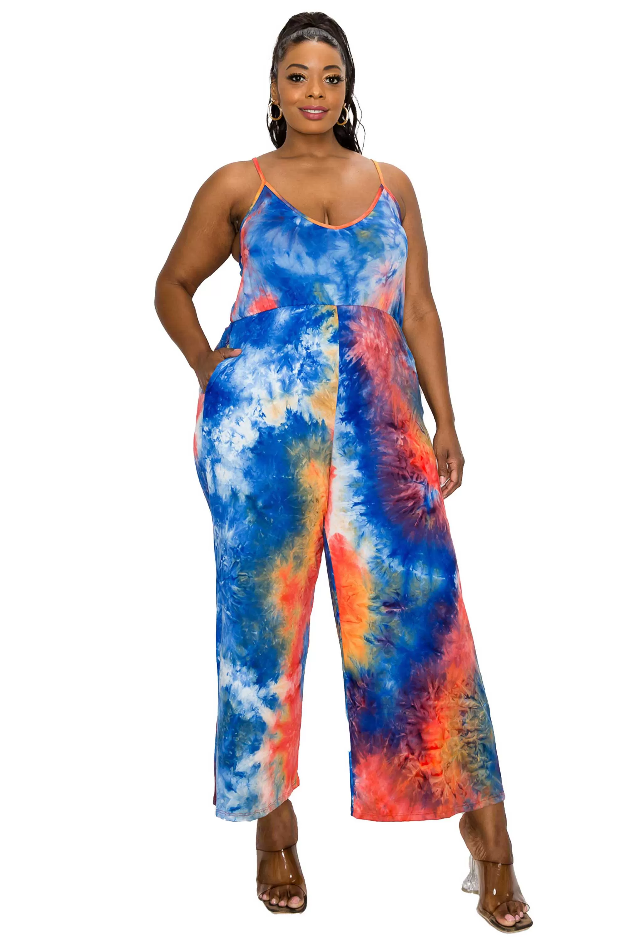 Tie Dye Cami Neck Wide Legged Pocket Jumpsuit