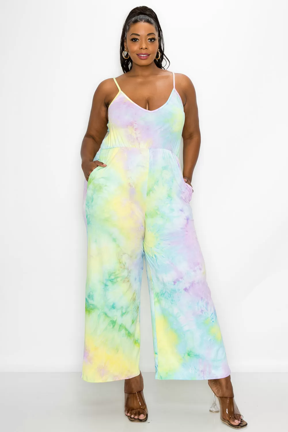 Tie Dye Cami Neck Wide Legged Pocket Jumpsuit