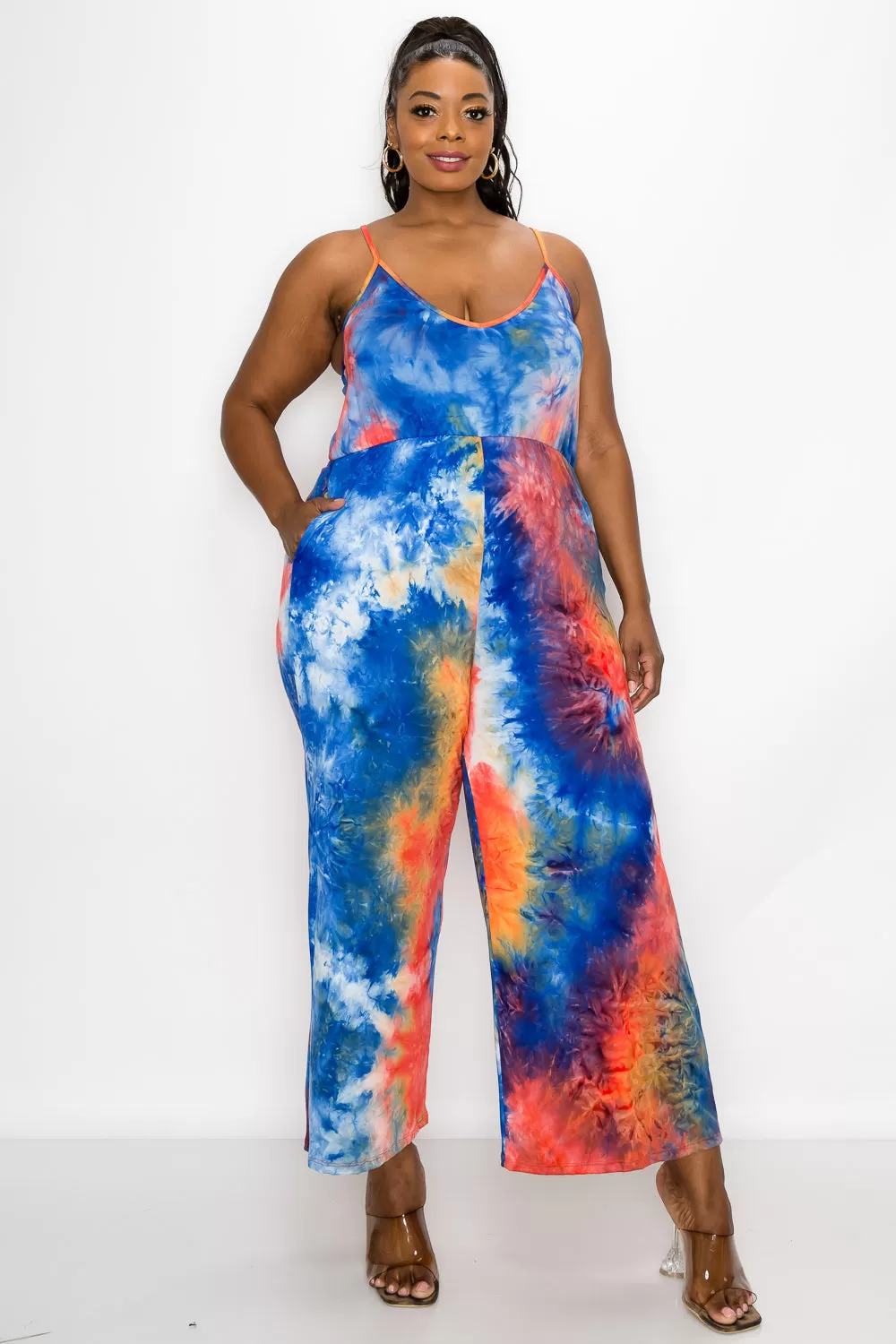 Tie Dye Cami Neck Wide Legged Pocket Jumpsuit