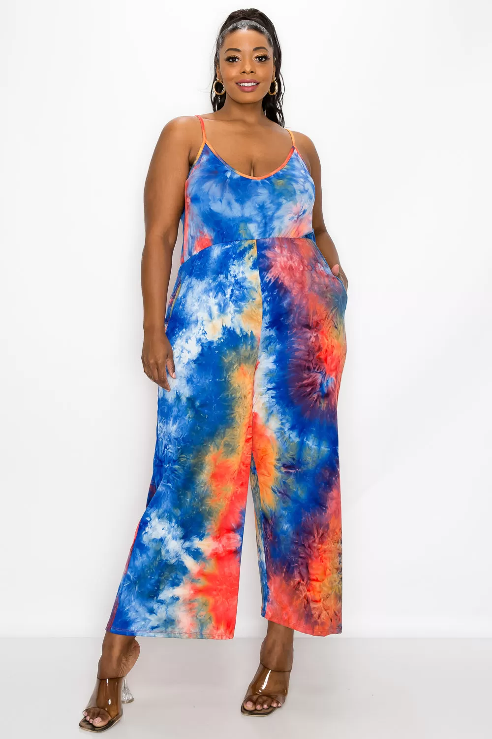 Tie Dye Cami Neck Wide Legged Pocket Jumpsuit