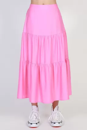 Tier Midi Silky Satin Tiered Pink Skirt