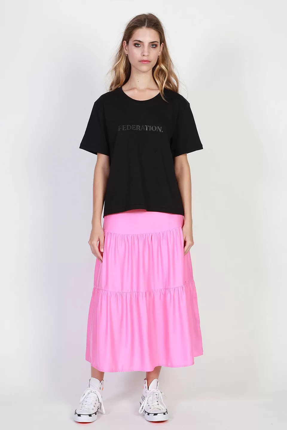 Tier Midi Silky Satin Tiered Pink Skirt