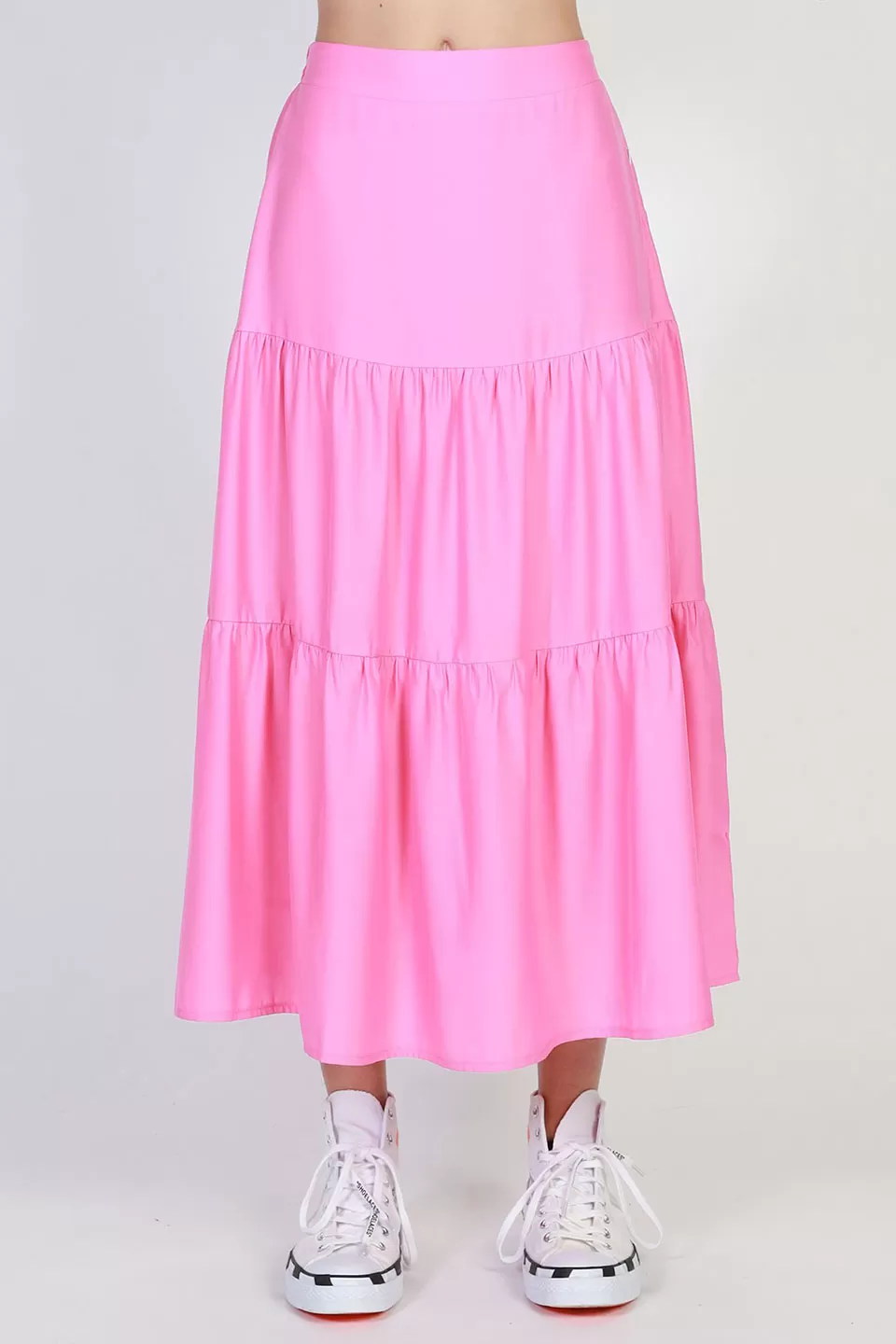 Tier Midi Silky Satin Tiered Pink Skirt