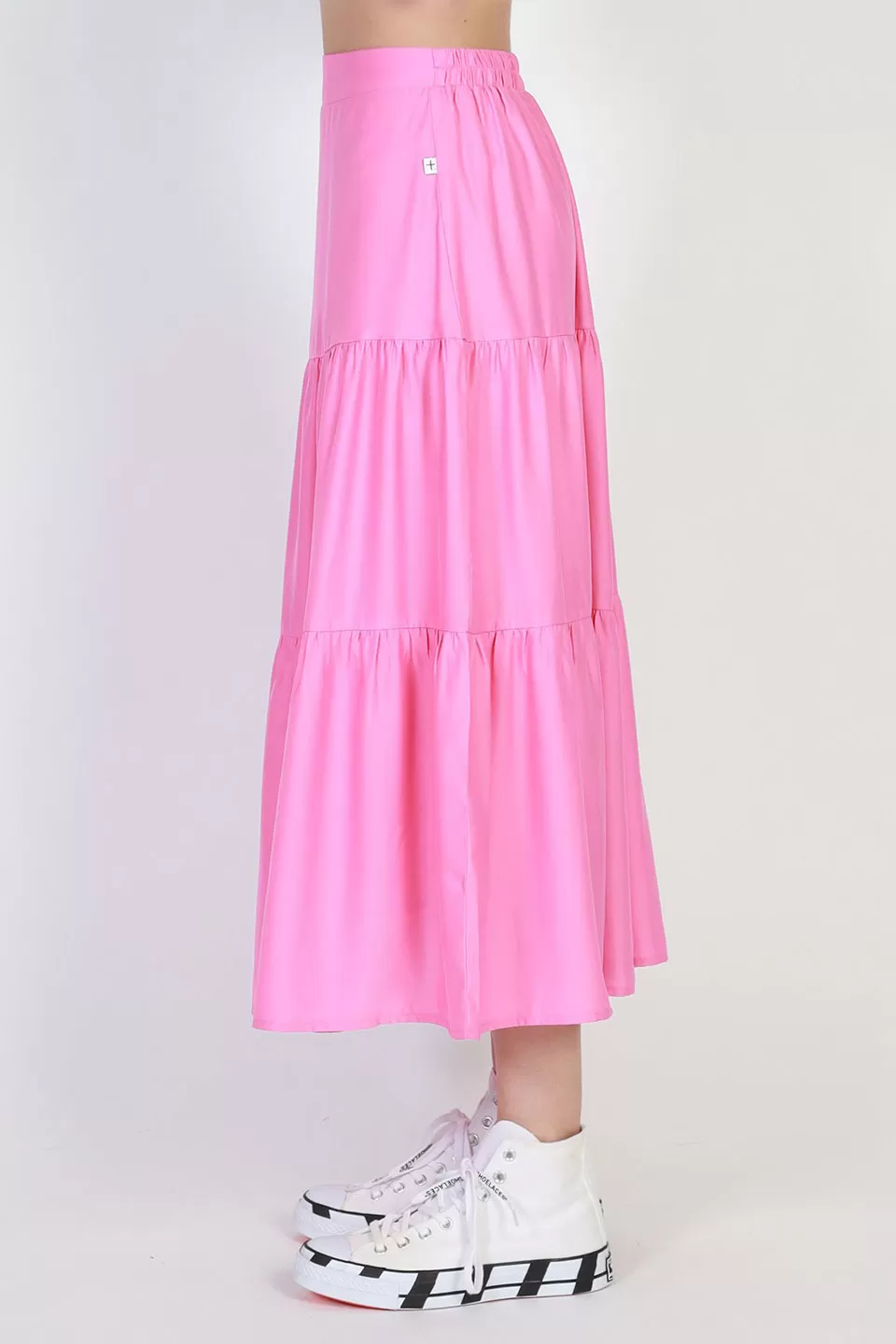 Tier Midi Silky Satin Tiered Pink Skirt