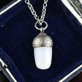 Vintage Carved Silver White Chalcedony Acorn Pendant Necklace