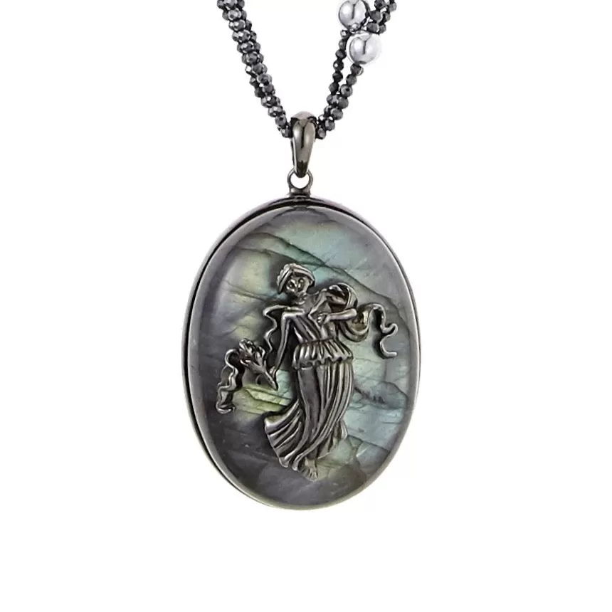 Virgo Pendant Necklace in Silver with Dark Green Glitter Enamel, Mixed Sapphires, Labradorite, Black Spinel and Hematite