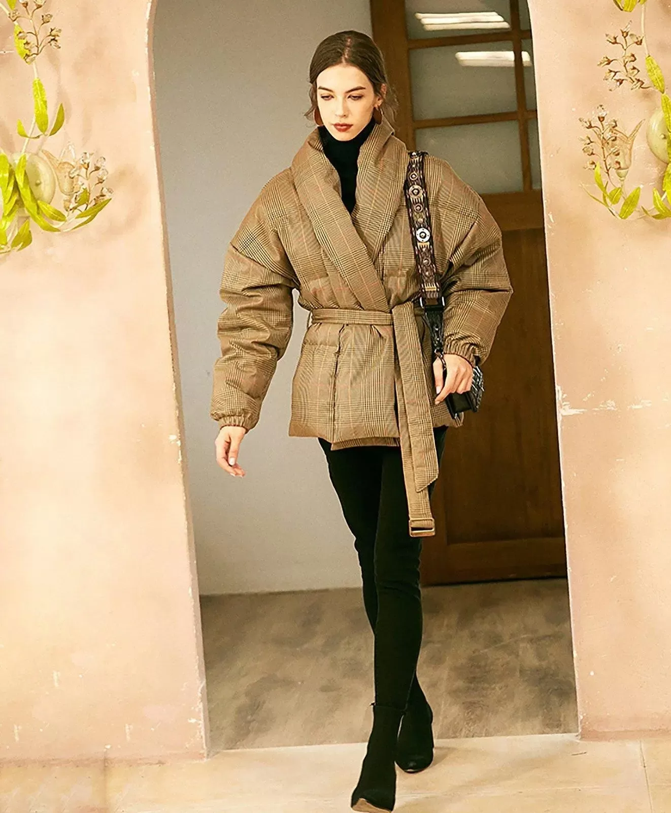 Women Plaid Down Coat,Wool Down Jacket,Wrap Down Coat,checkered Quilted Down Puffer Coat,Warm Puffy Coat,Down Jacket with belt,Winter Coat