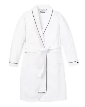 Women's White Flannel Robe with Navy Piping