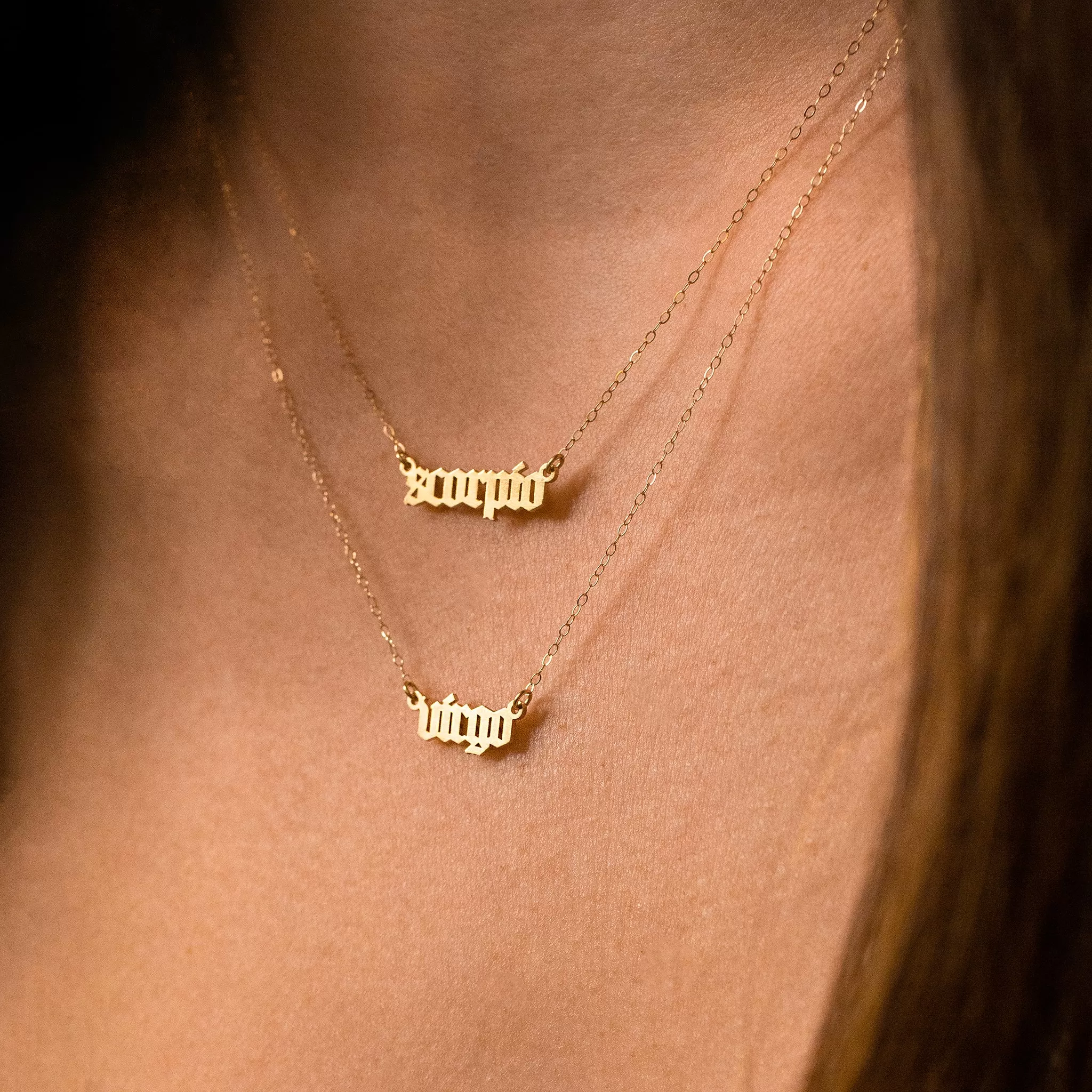 Zodiac Sign Astrology Script Necklace - 14K Solid Gold