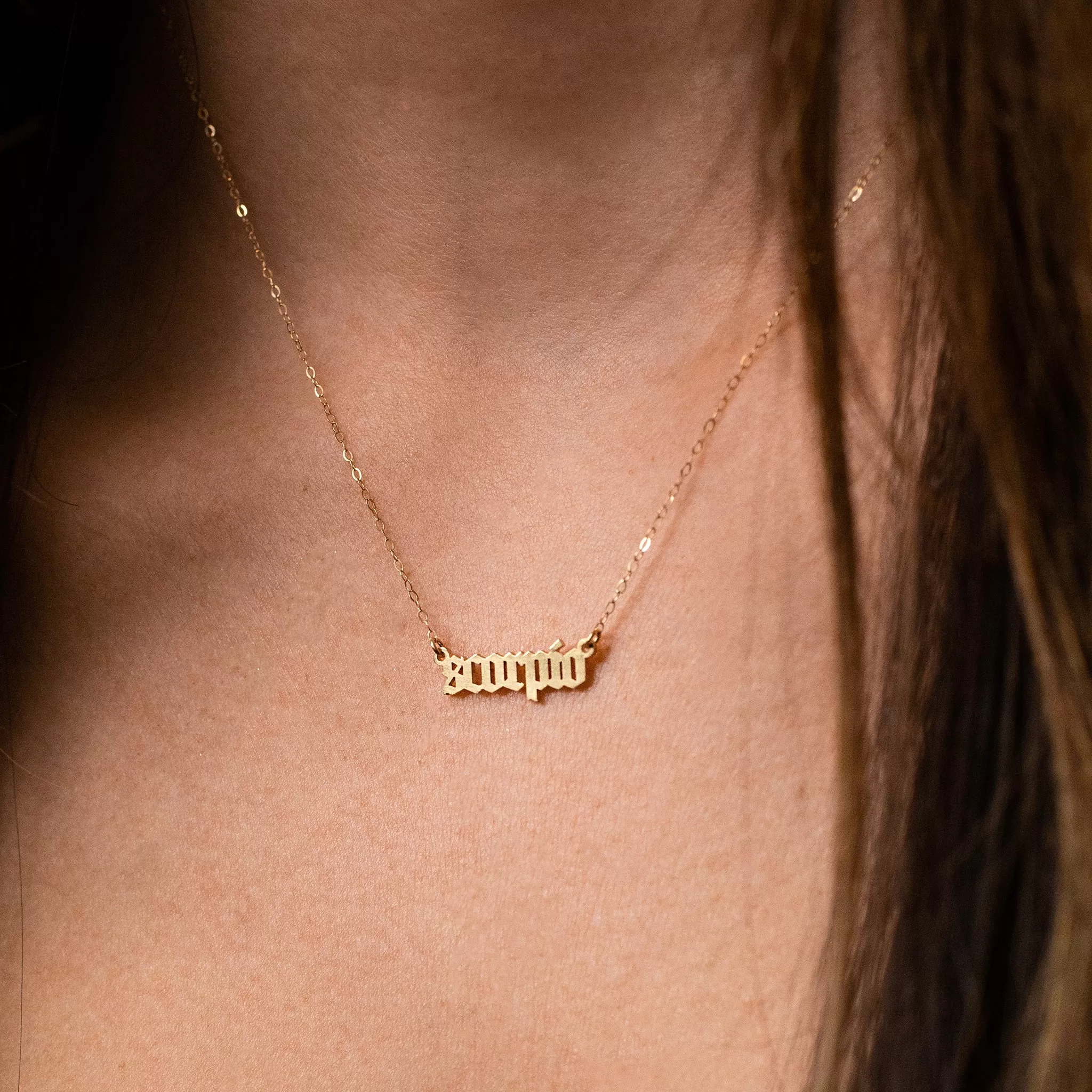 Zodiac Sign Astrology Script Necklace - 14K Solid Gold