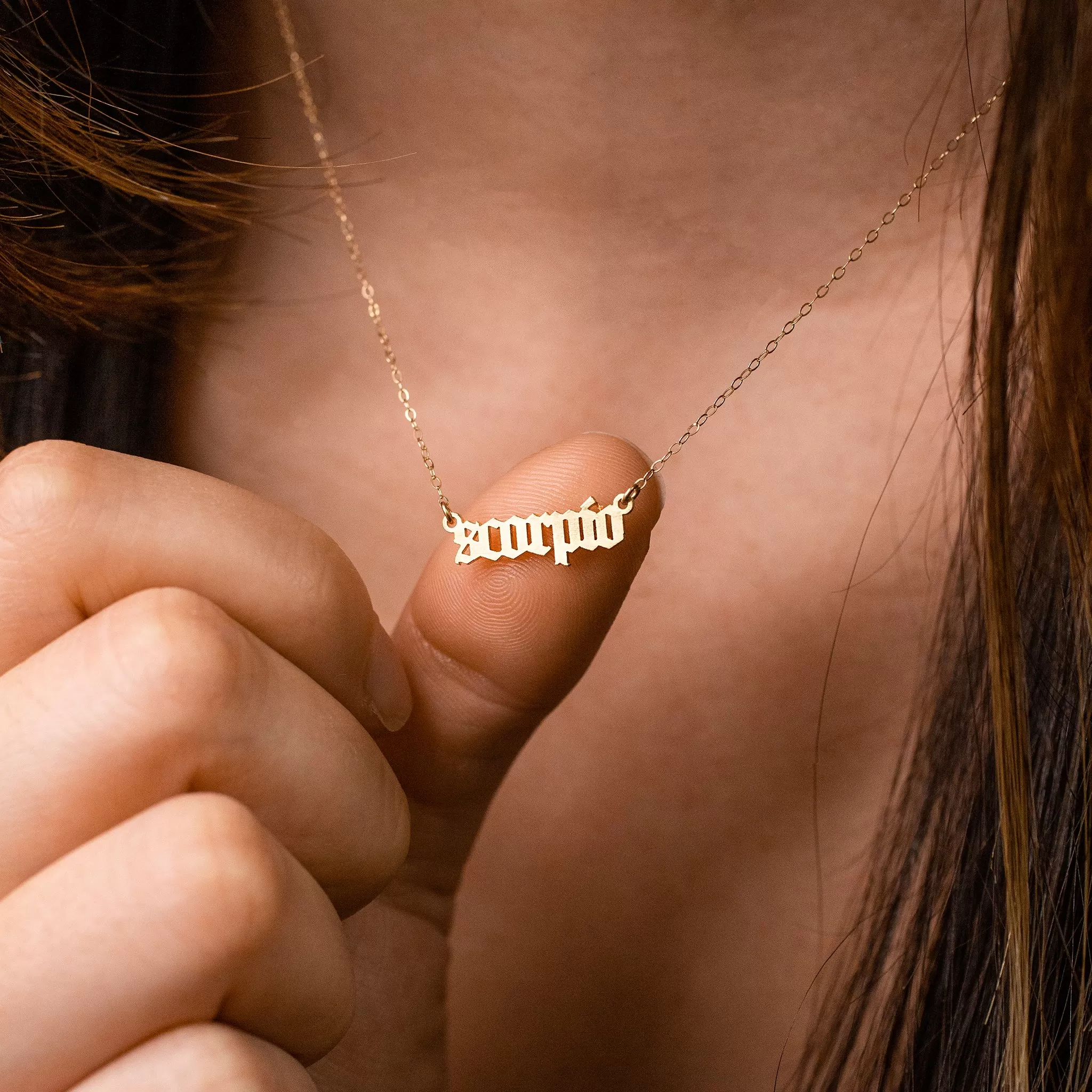 Zodiac Sign Astrology Script Necklace - 14K Solid Gold